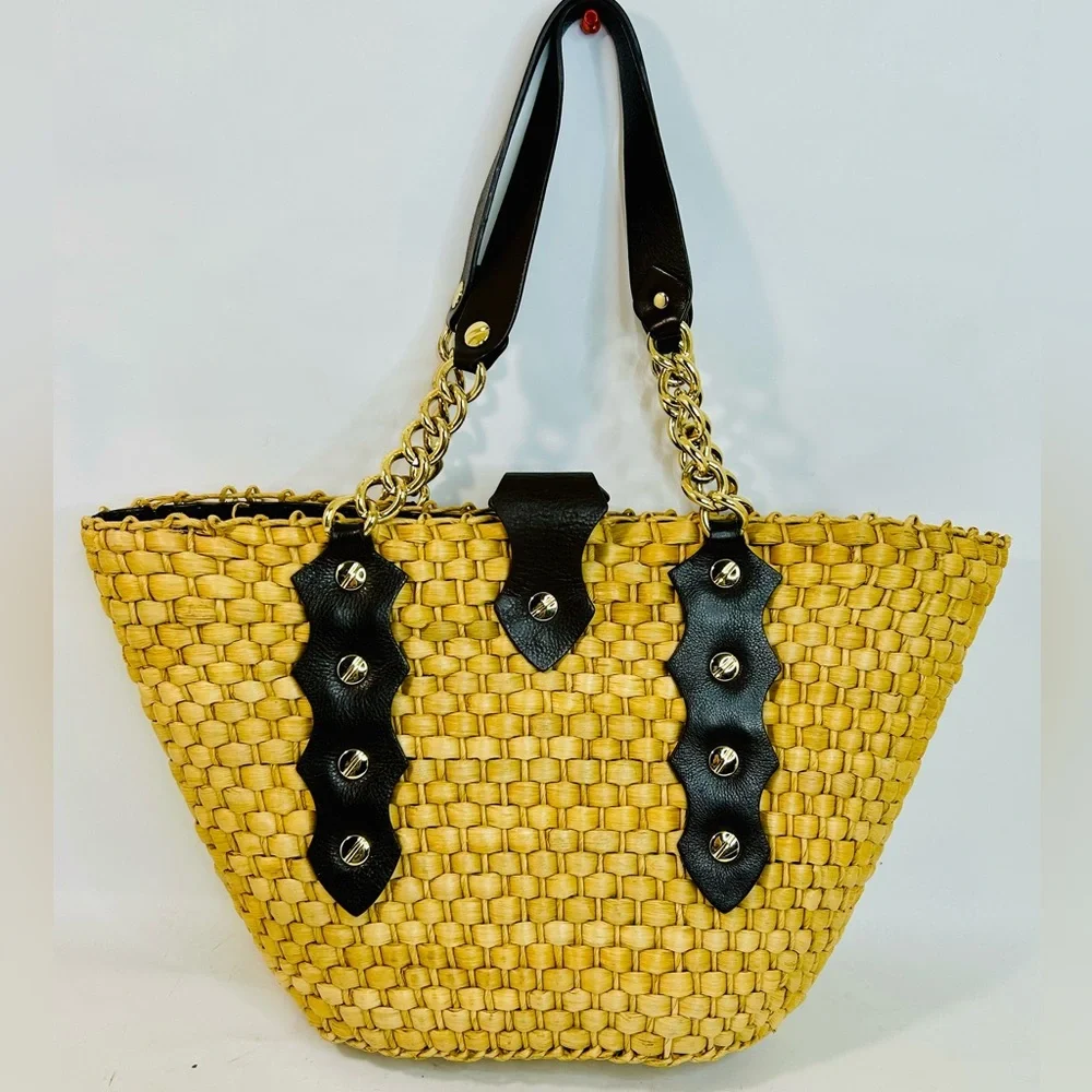 Michael Kors Santorini Raffia Woven Handbag Tote, Brown Leather/Gold Chain Strap - Picture 4 of 15